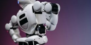 Xpeng Iron or Tesla Optimus humanoid robot assistant in a futuristic showroom or retail environment, representing the next generation of social AI.