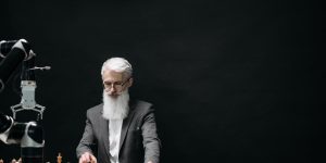 A humanoid robot interacting with virtual interfaces while wearing a modern virtual reality headset, illustrating the concept of a humanoid teleoperator or robot pilot.