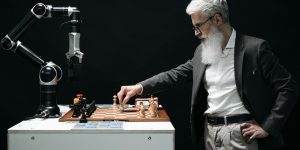 A lifelike humanoid robot face representing Xpeng Iron and the future of social AI