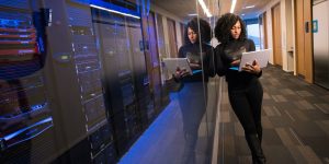 A professional analyzing complex data and AI orchestration