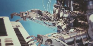 A sleek humanoid robot face representing the future of work in 2026